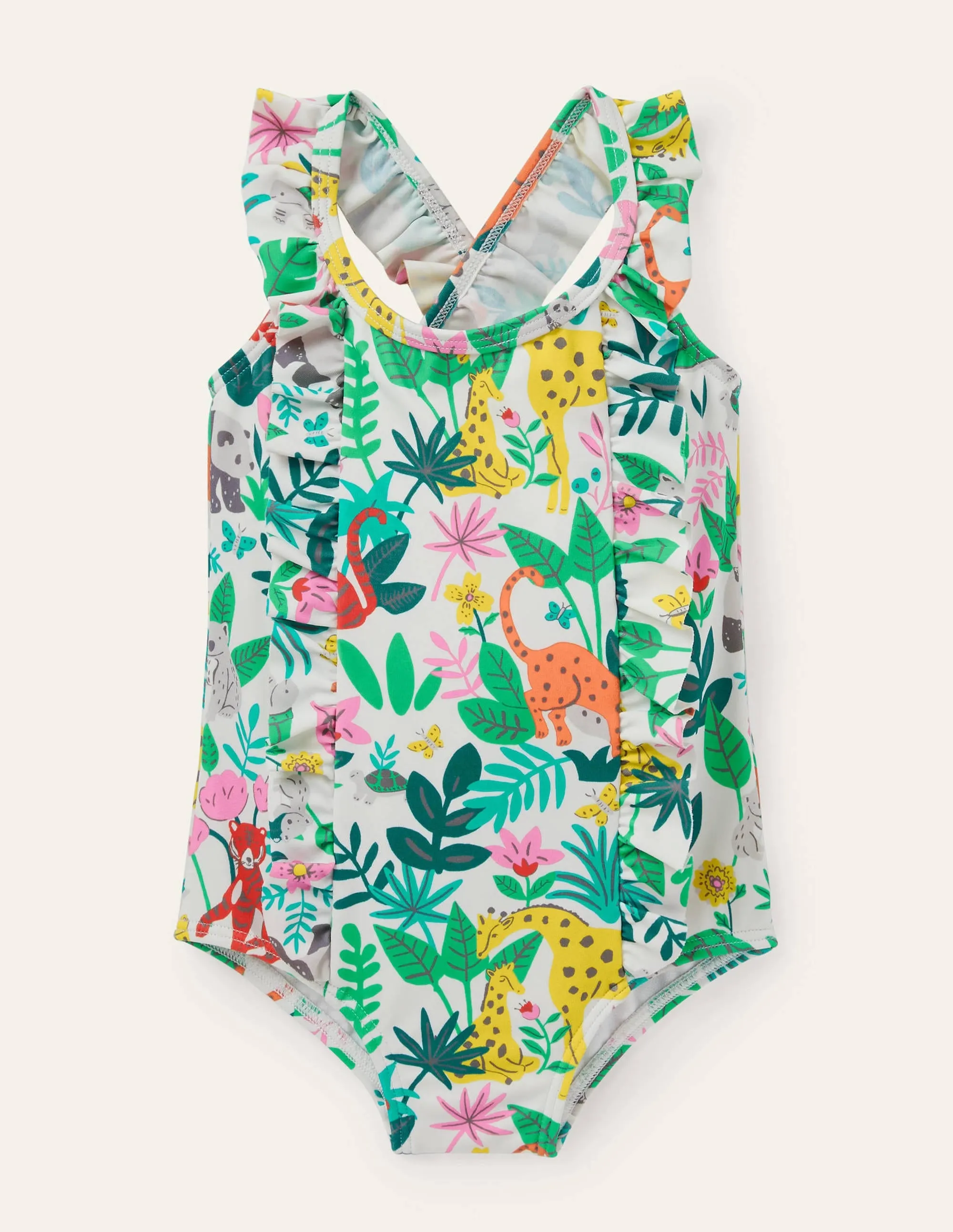 Frilly Cross-back Swimsuit-Multi Jungle Friends