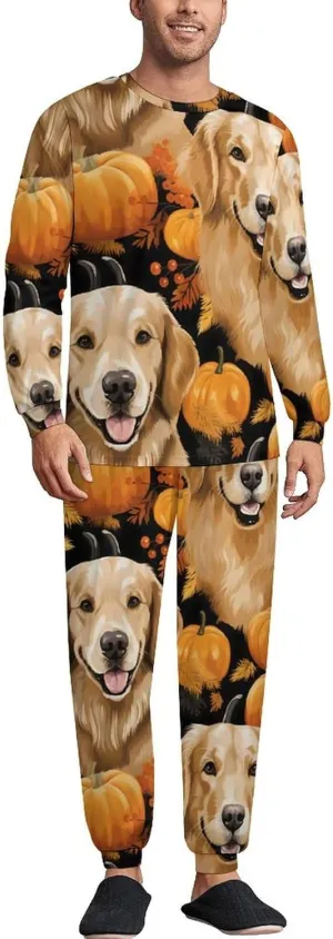 Golden Retriever Dog Pumpkin Men's Pajamas Sets Round Neck Long Sleeve Shirts And Bottoms 2 Piece Pjs Loungewear