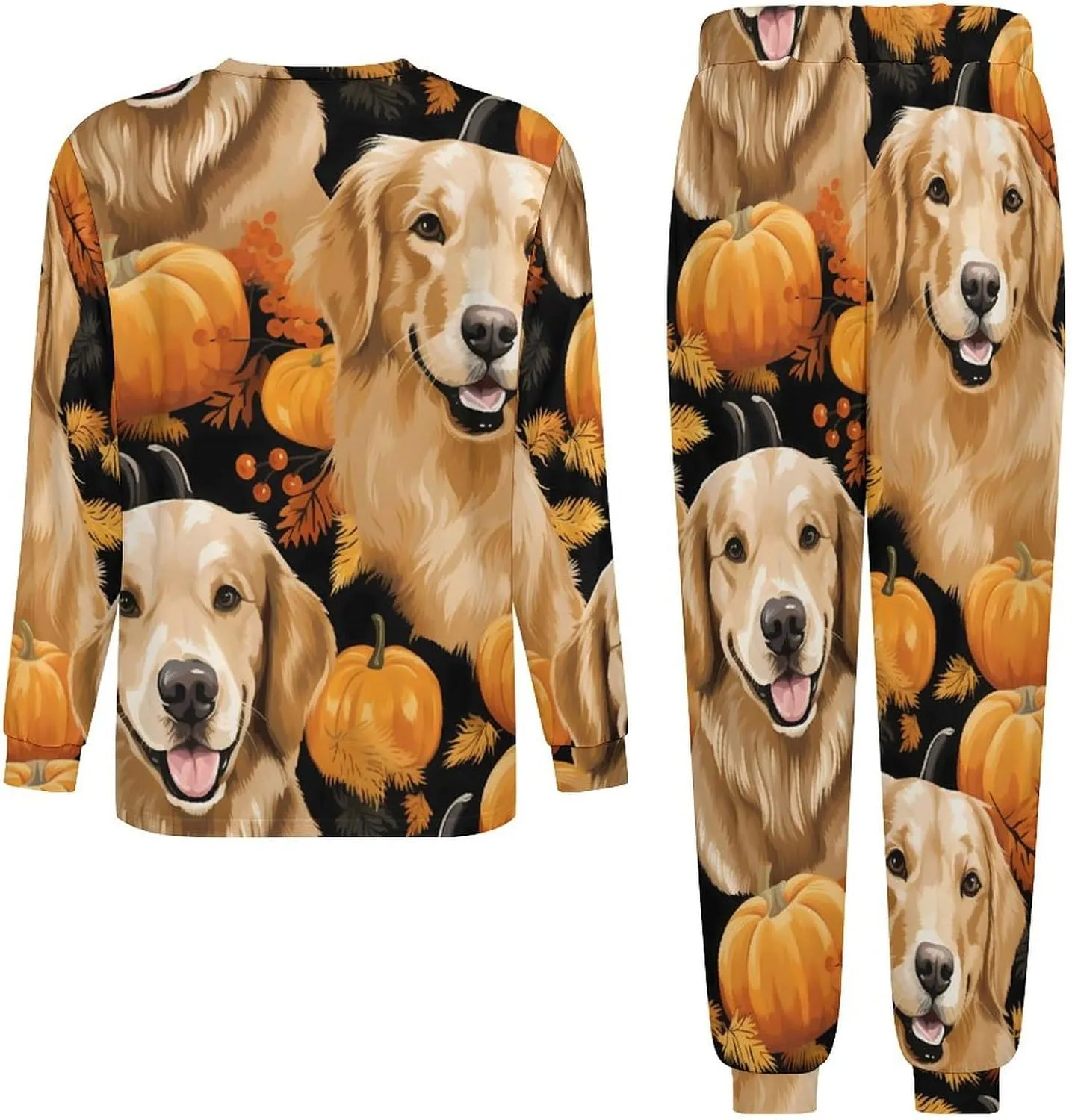 Golden Retriever Dog Pumpkin Men's Pajamas Sets Round Neck Long Sleeve Shirts And Bottoms 2 Piece Pjs Loungewear