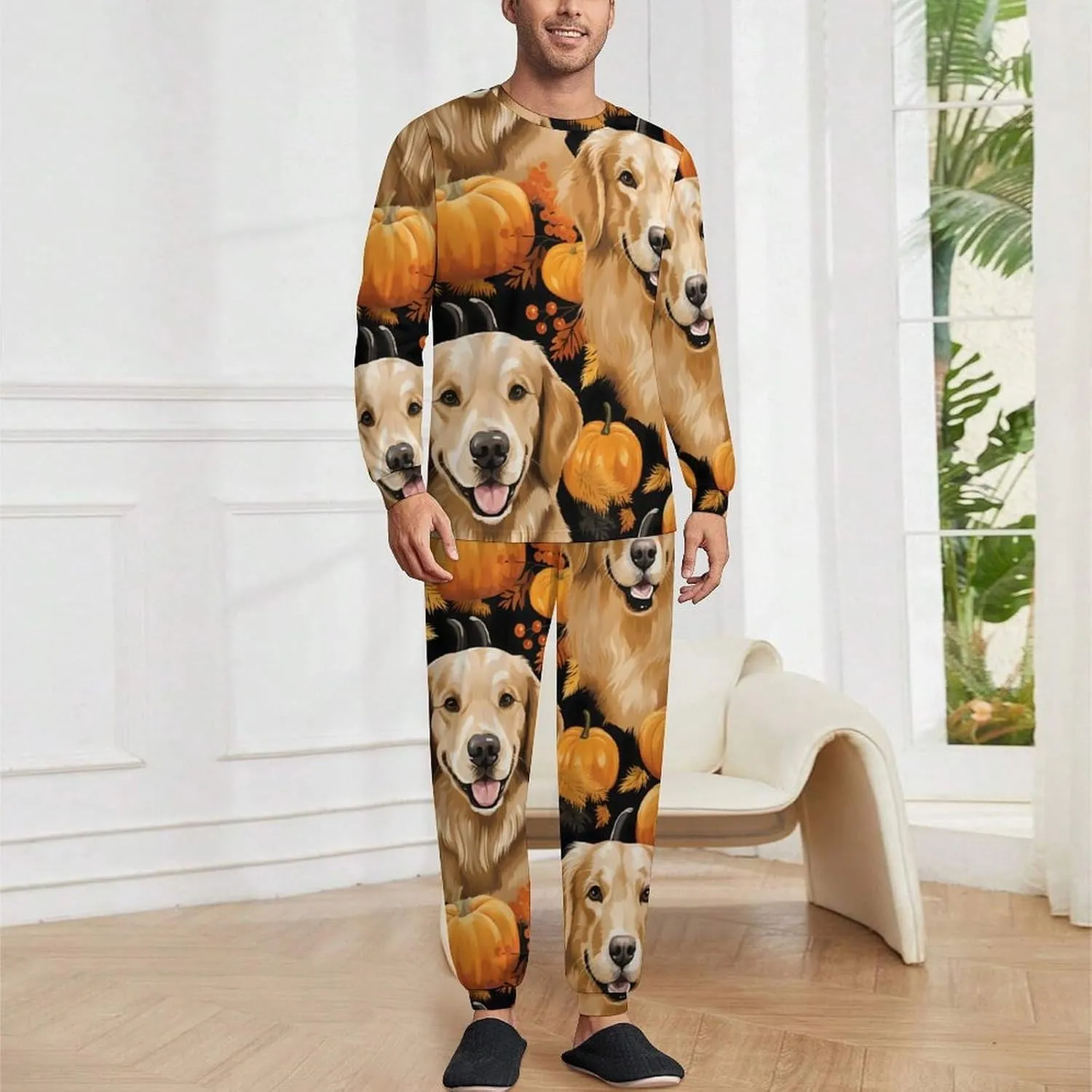 Golden Retriever Dog Pumpkin Men's Pajamas Sets Round Neck Long Sleeve Shirts And Bottoms 2 Piece Pjs Loungewear