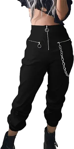 Gothic Women's Chain Cargo Pants Goth Fit High Waist Black Trousers Streetwear Punk Pants for Women