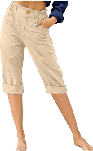 HGps8w Capri Linen Pants for Women Casual Summer Elastic High Waist Pants Straight Leg Cropped Trousers with Pockets