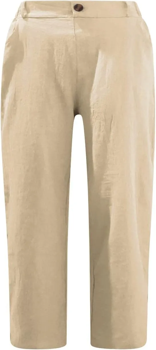 HGps8w Capri Linen Pants for Women Casual Summer Elastic High Waist Pants Straight Leg Cropped Trousers with Pockets