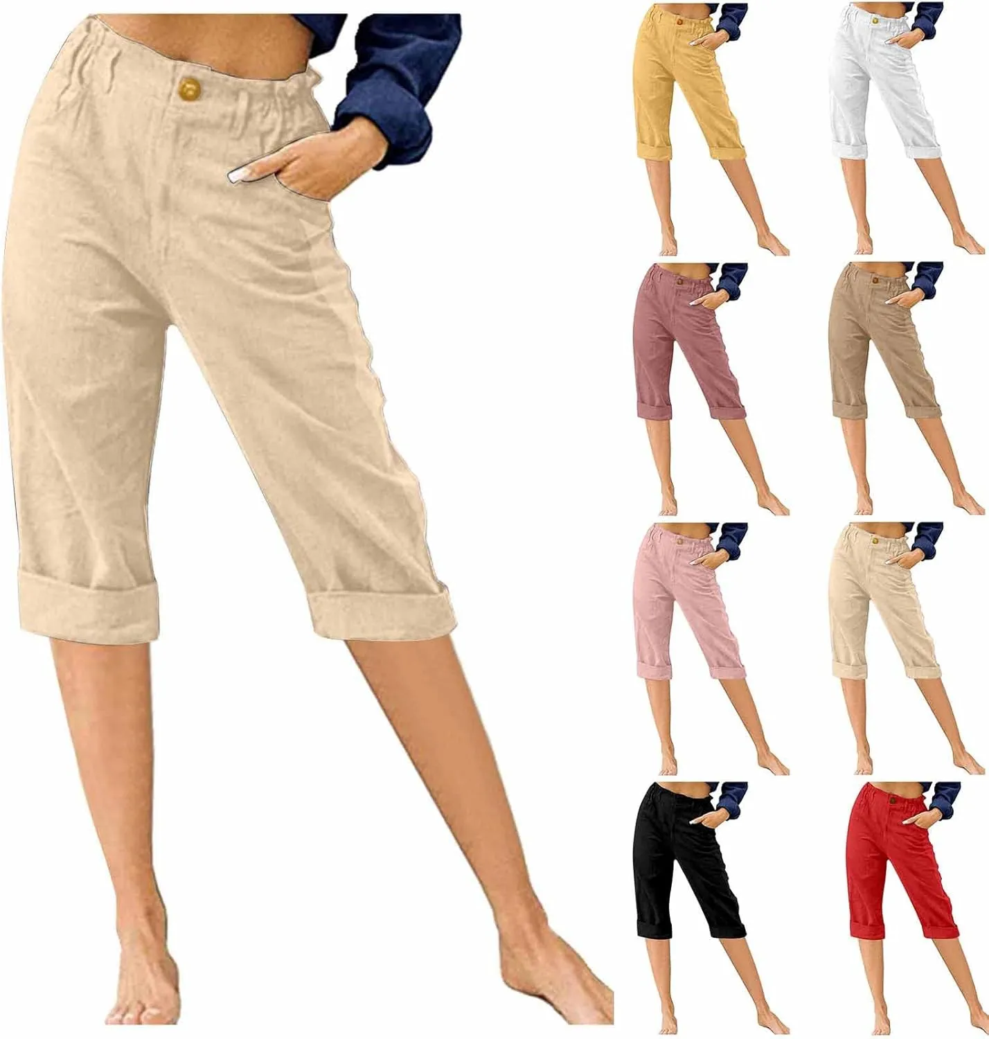 HGps8w Capri Linen Pants for Women Casual Summer Elastic High Waist Pants Straight Leg Cropped Trousers with Pockets