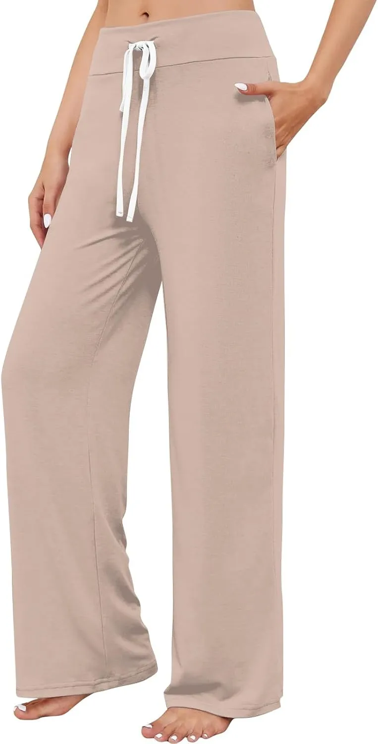 High Waist Wide Leg Sweatpants Women - Stretchy Athletic Adjustable Drawstring Loose Fit Lounge Pants with Pockets