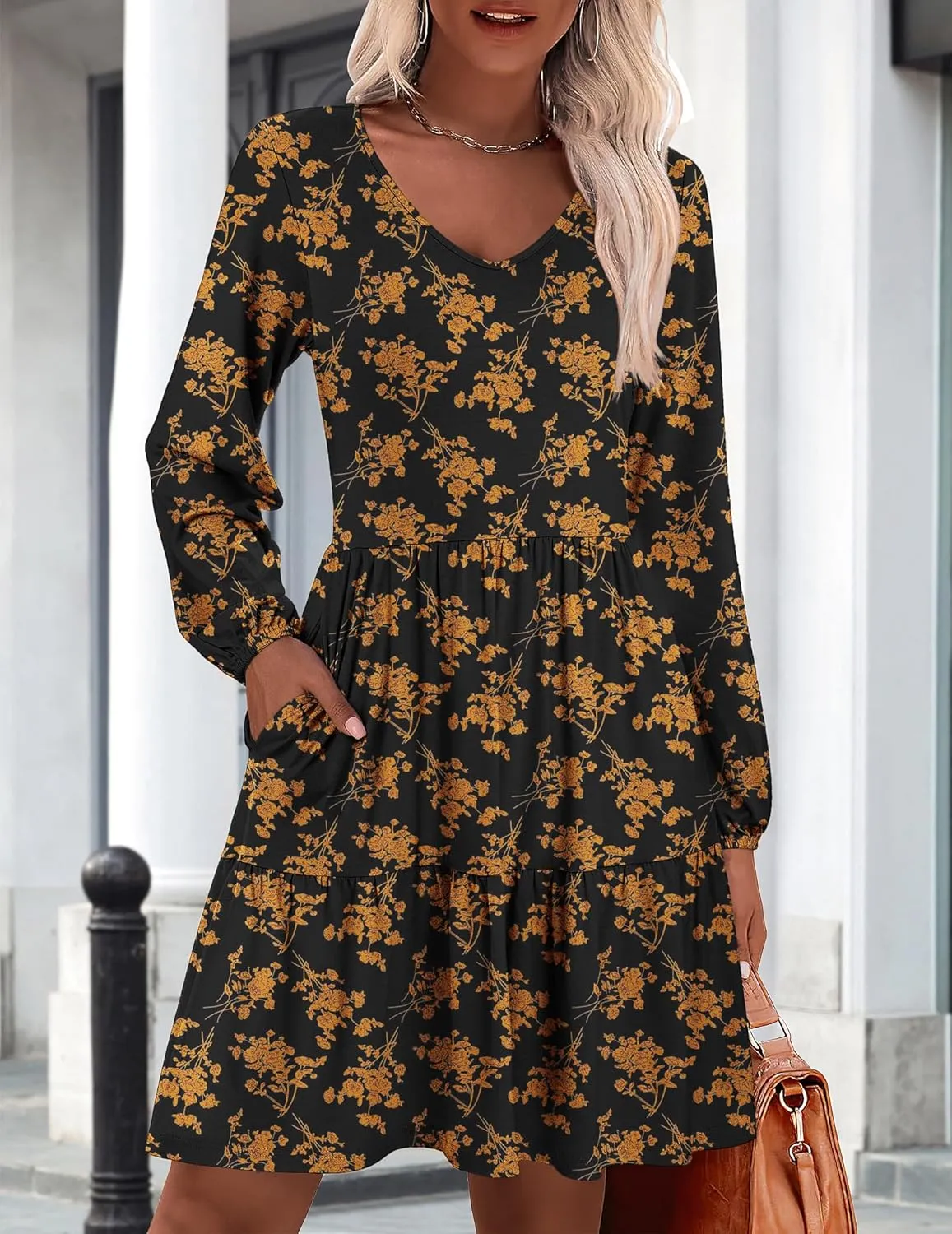 HOTOUCH Women Casual Tunic Dress V Neck Tiered Dress Long Sleeve Fit Swing Shift Dress with Pockets Loose Ruffled Dresses