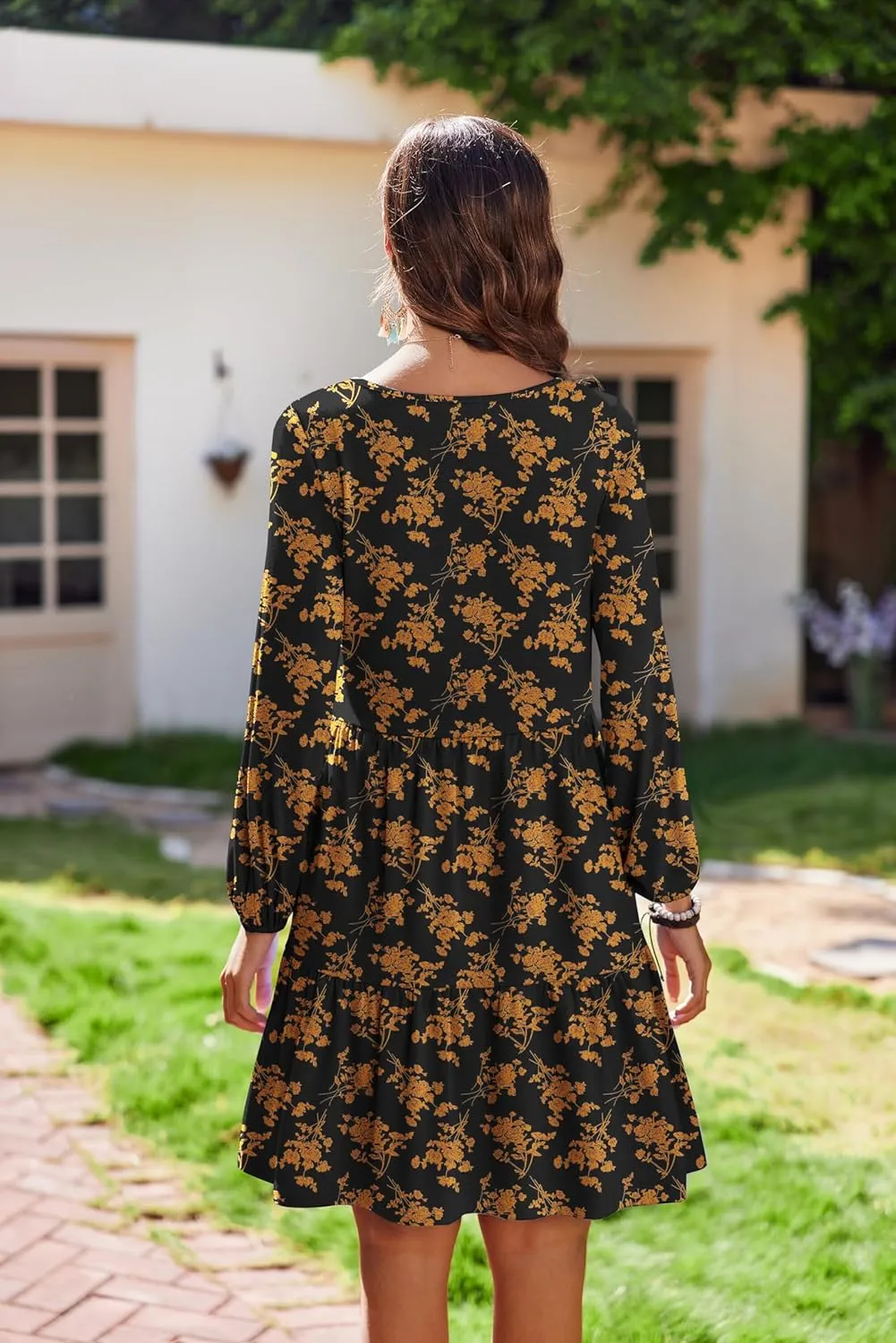 HOTOUCH Women Casual Tunic Dress V Neck Tiered Dress Long Sleeve Fit Swing Shift Dress with Pockets Loose Ruffled Dresses