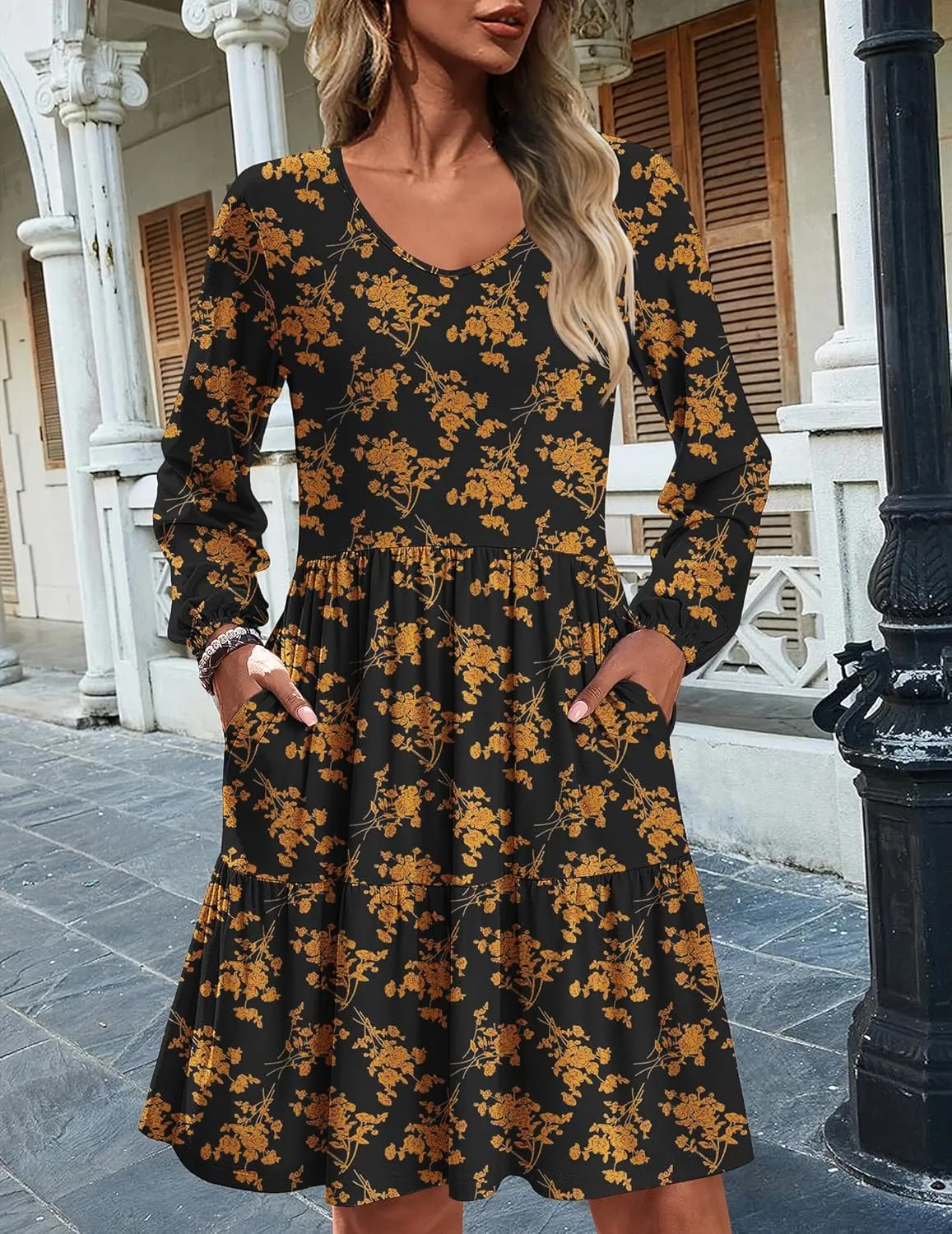 HOTOUCH Women Casual Tunic Dress V Neck Tiered Dress Long Sleeve Fit Swing Shift Dress with Pockets Loose Ruffled Dresses