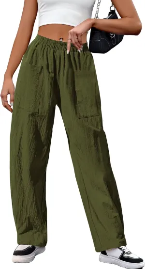 HVEPUO Womens Elastic High Waist Summer Wide Leg Pants Baggy Cotton Casual Palazzo Trousers Pull On Barrel Pants with Pockets