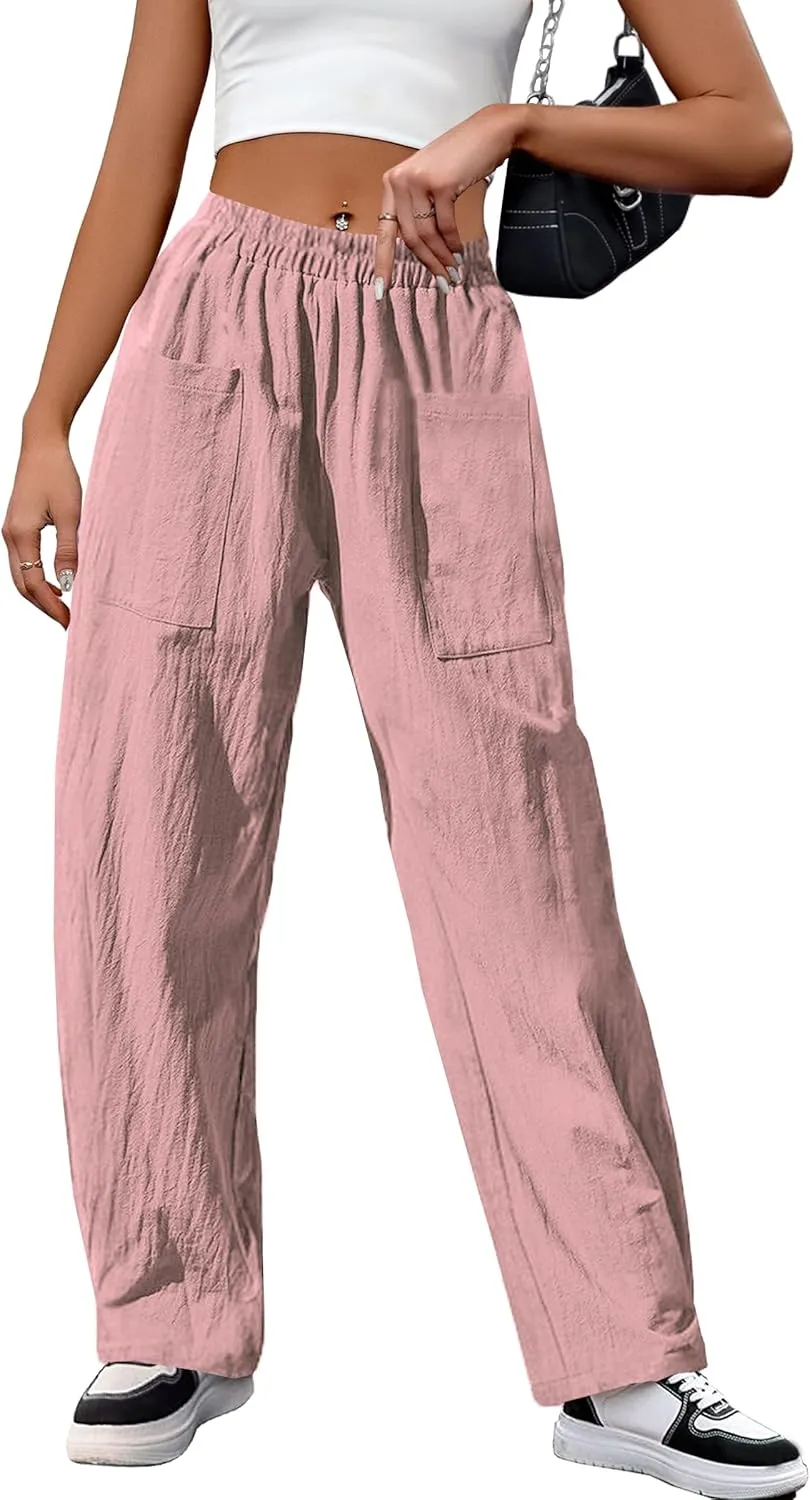 HVEPUO Womens Elastic High Waist Summer Wide Leg Pants Baggy Cotton Casual Palazzo Trousers Pull On Barrel Pants with Pockets