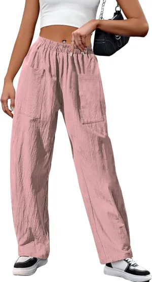 HVEPUO Womens Elastic High Waist Summer Wide Leg Pants Baggy Cotton Casual Palazzo Trousers Pull On Barrel Pants with Pockets