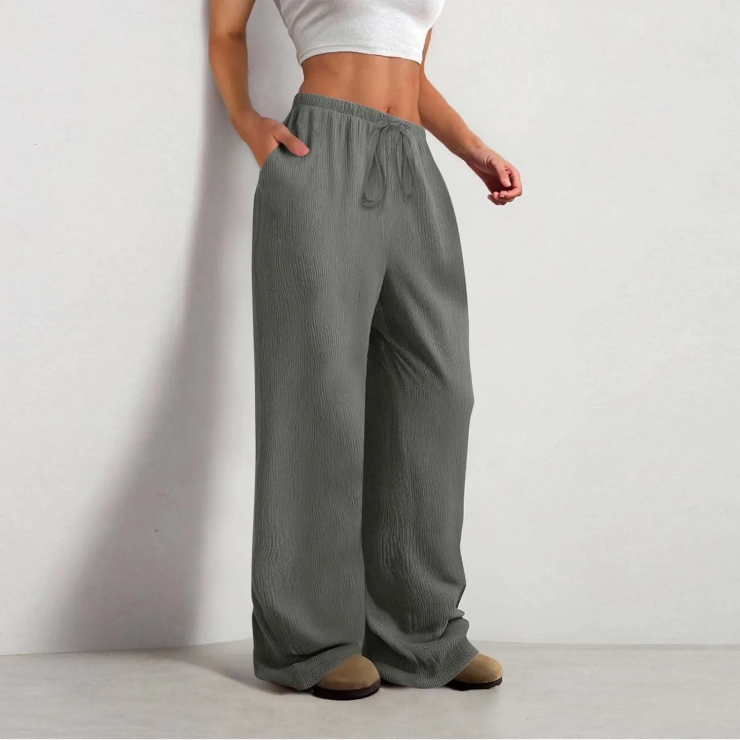 Hvyesh Casual Palazzo Pants for Women Baggy Wide Leg Summer Long Womens Trousers High Waisted Drawstring