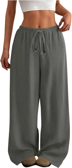 Hvyesh Casual Palazzo Pants for Women Baggy Wide Leg Summer Long Womens Trousers High Waisted Drawstring