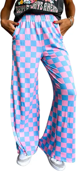 IWOLLENCE Women's Casual Loose Checkered Wide Leg Pants High Waist Straight Lounge Y2K Gingham Trousers Summer