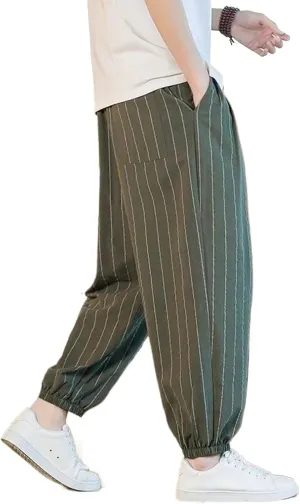 Japanese Style Stripe Summer Cotton Linen Harem Pants Men Streetwear Beach Pants Male Casual Trousers