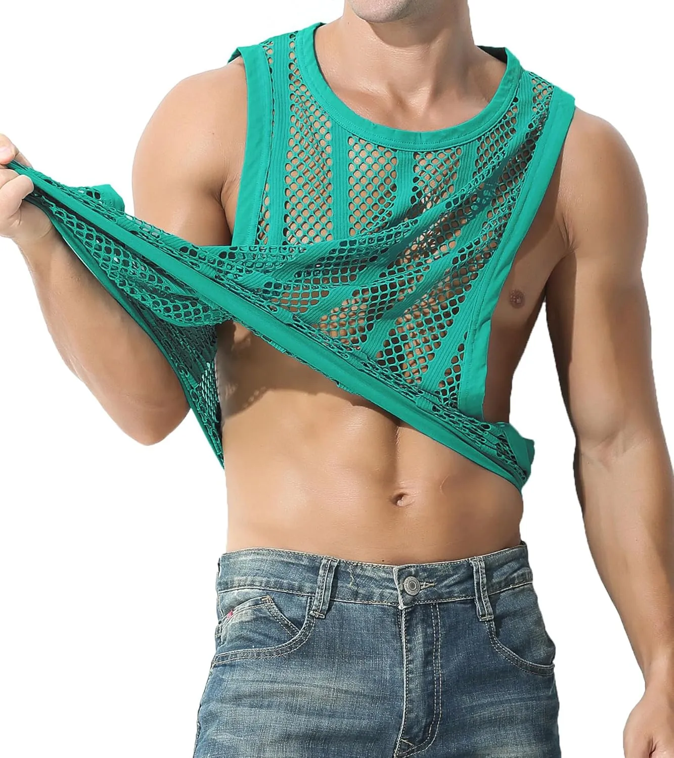 JINSHI Men's Mesh Athletic Tank Top Shirts Sexy Fishnet See Through Sleeveless Vest Male Fitted Muscle Workout Tops Swimwear