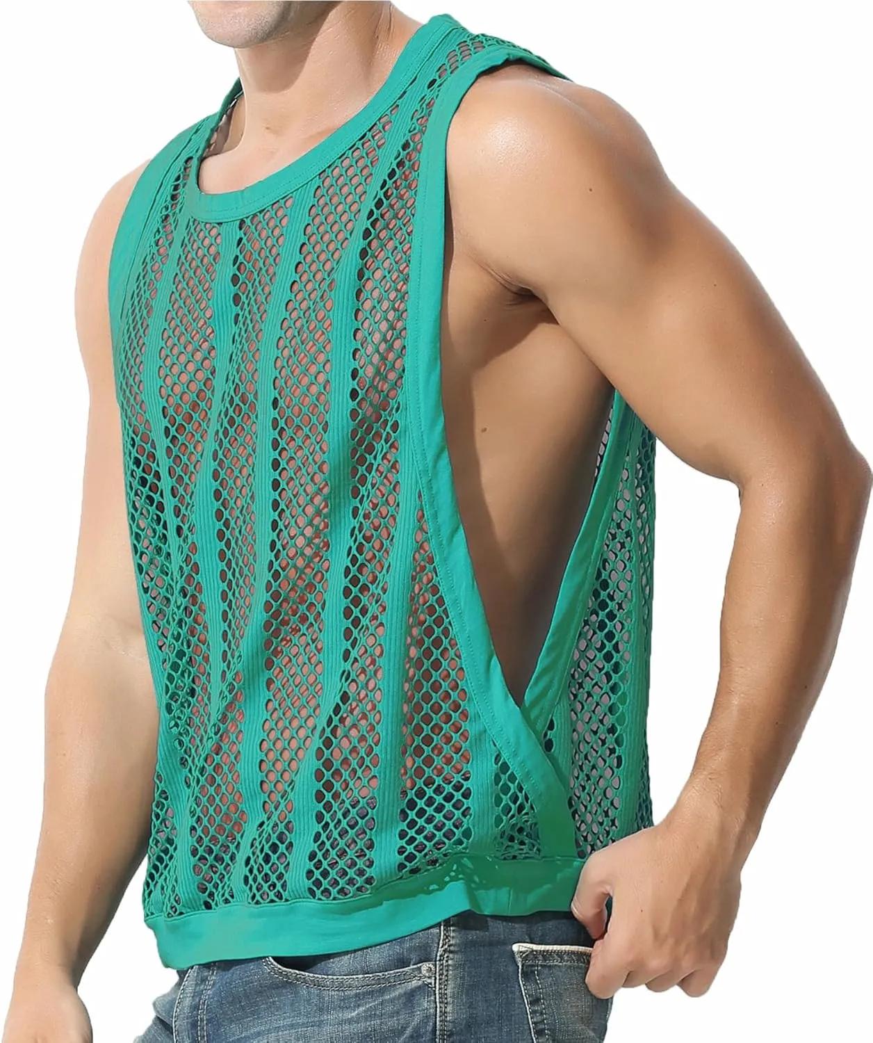 JINSHI Men's Mesh Athletic Tank Top Shirts Sexy Fishnet See Through Sleeveless Vest Male Fitted Muscle Workout Tops Swimwear