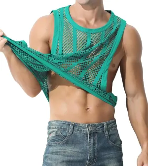 JINSHI Men's Mesh Athletic Tank Top Shirts Sexy Fishnet See Through Sleeveless Vest Male Fitted Muscle Workout Tops Swimwear