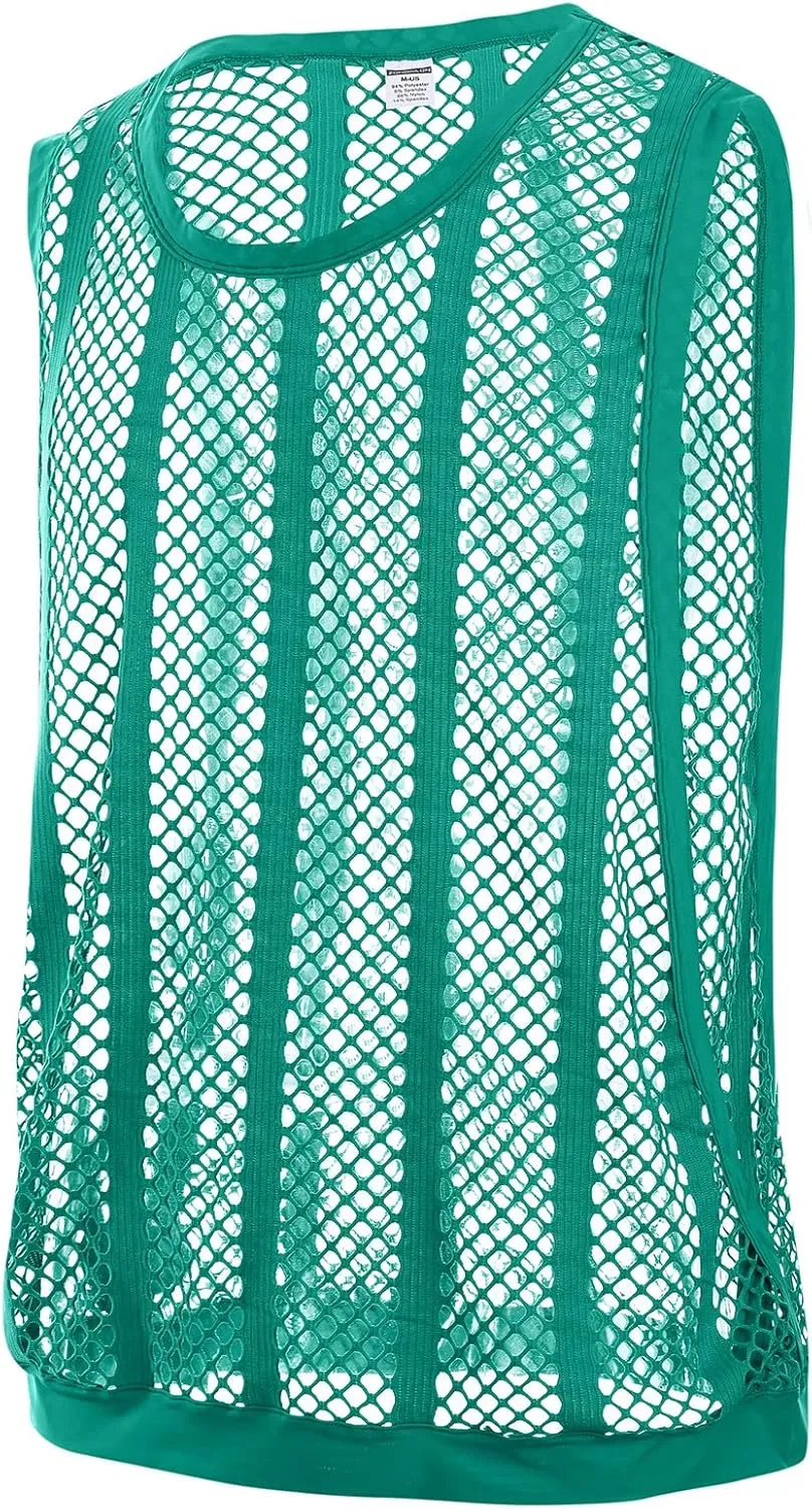 JINSHI Men's Mesh Athletic Tank Top Shirts Sexy Fishnet See Through Sleeveless Vest Male Fitted Muscle Workout Tops Swimwear