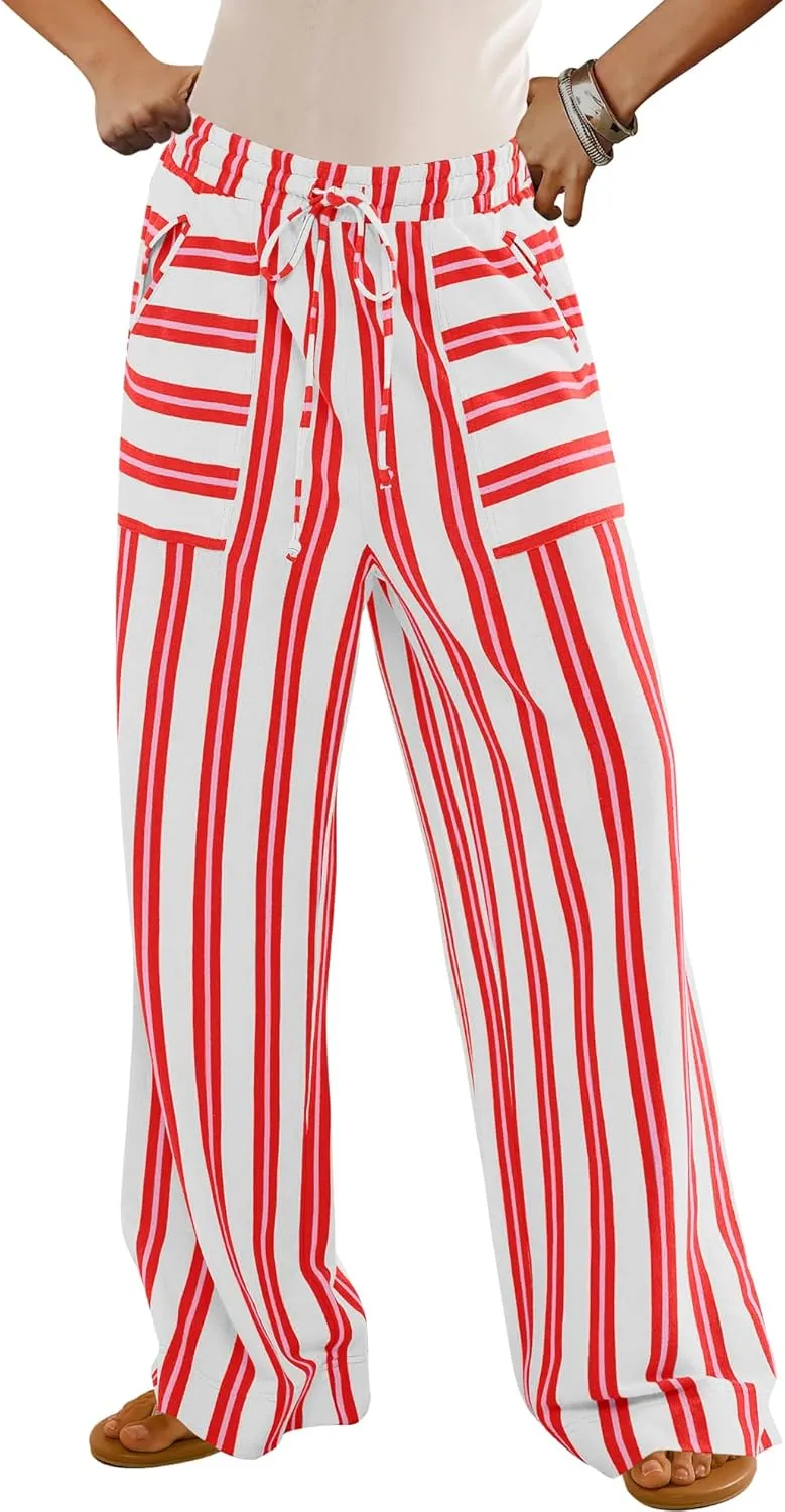 LAMISSCHE Womens Oversized Striped Wide Leg Pants High Waisted Lounge Pants Beach Trousers with Pockets