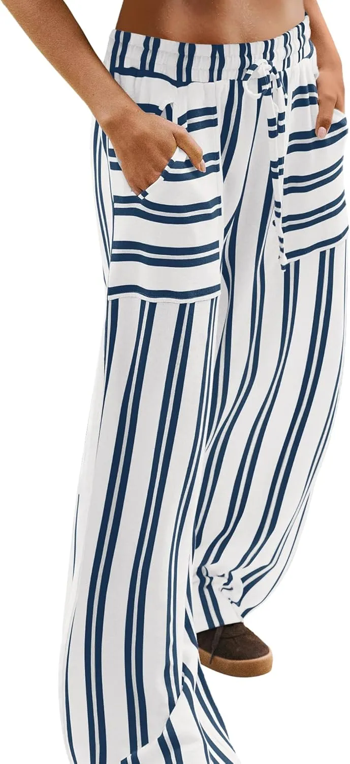 LAMISSCHE Womens Oversized Striped Wide Leg Pants High Waisted Lounge Pants Beach Trousers with Pockets