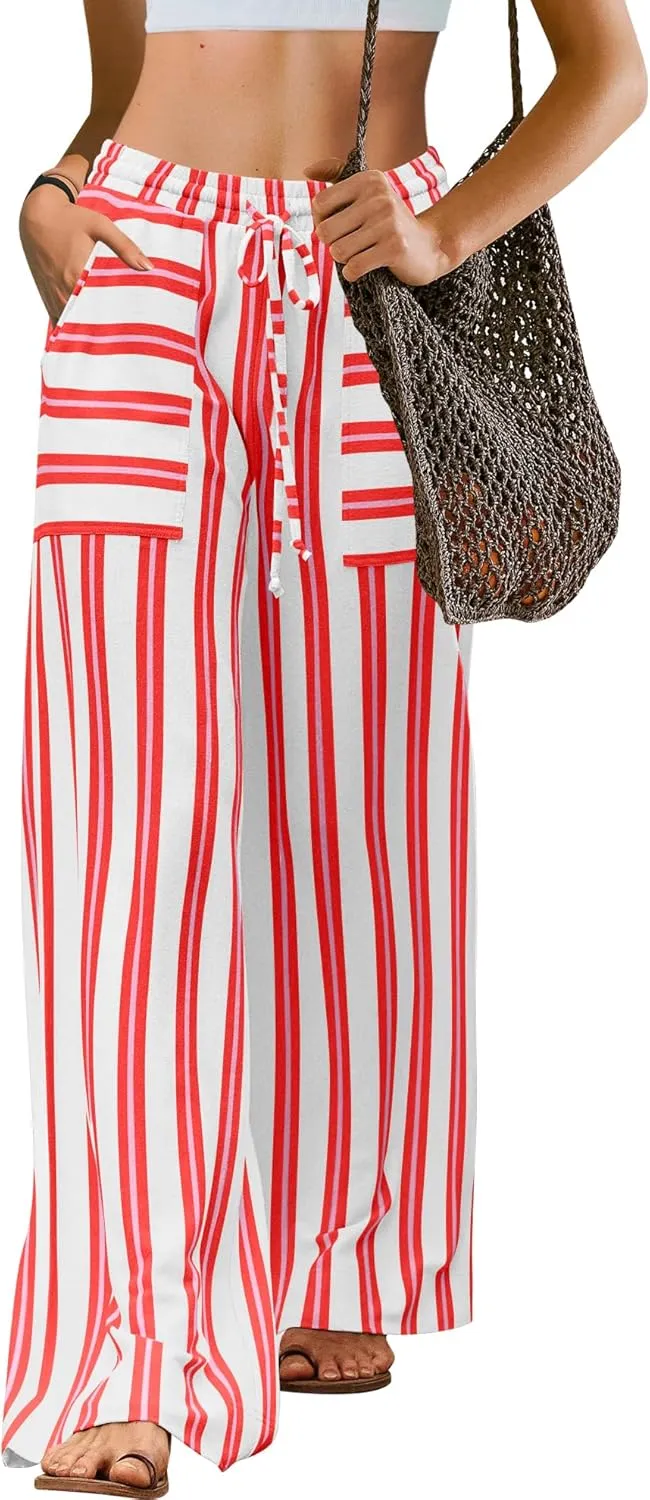 LAMISSCHE Womens Oversized Striped Wide Leg Pants High Waisted Lounge Pants Beach Trousers with Pockets