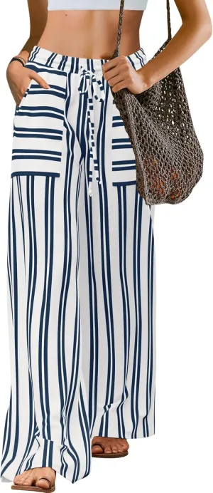 LAMISSCHE Womens Oversized Striped Wide Leg Pants High Waisted Lounge Pants Beach Trousers with Pockets
