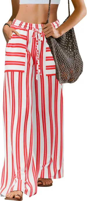 LAMISSCHE Womens Oversized Striped Wide Leg Pants High Waisted Lounge Pants Beach Trousers with Pockets