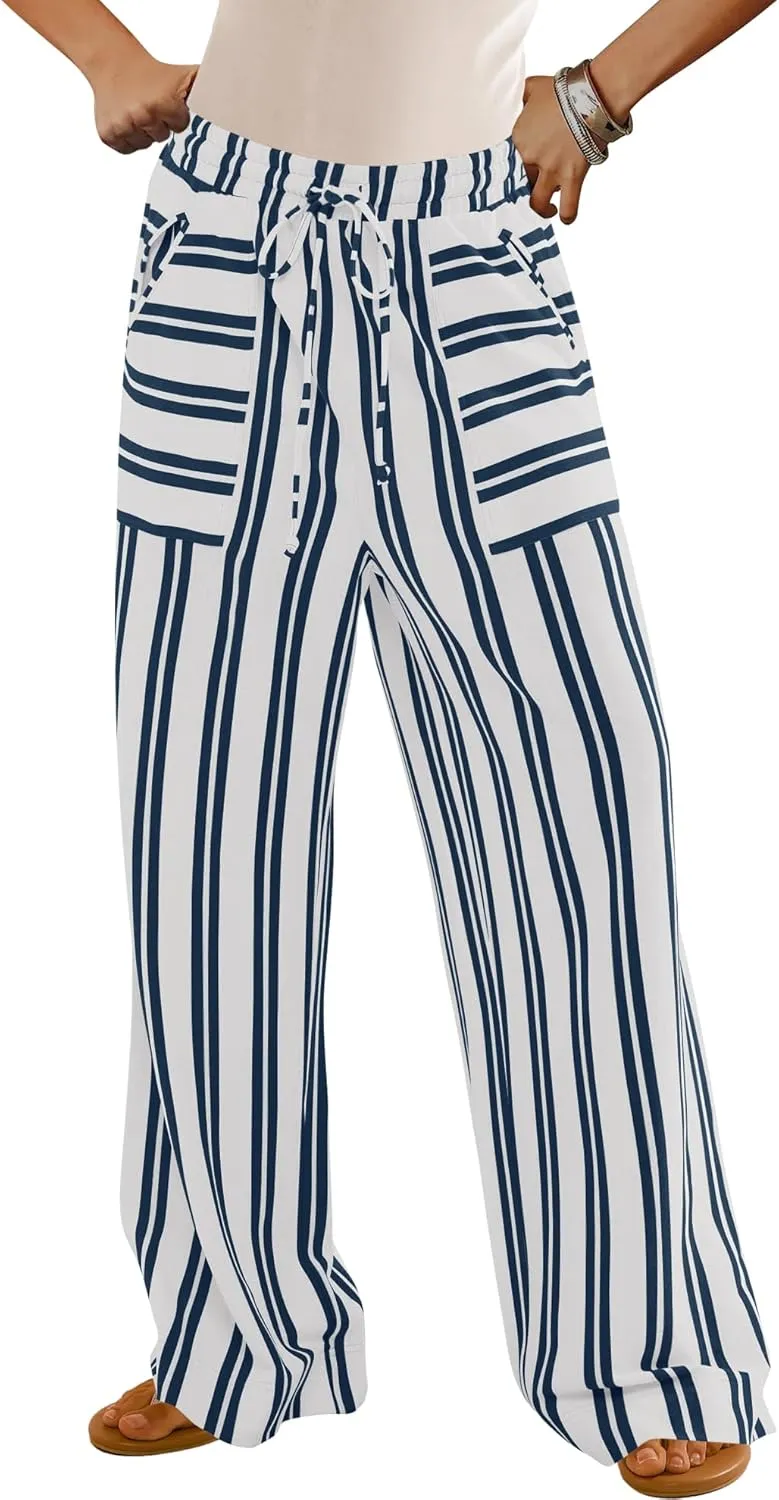 LAMISSCHE Womens Oversized Striped Wide Leg Pants High Waisted Lounge Pants Beach Trousers with Pockets