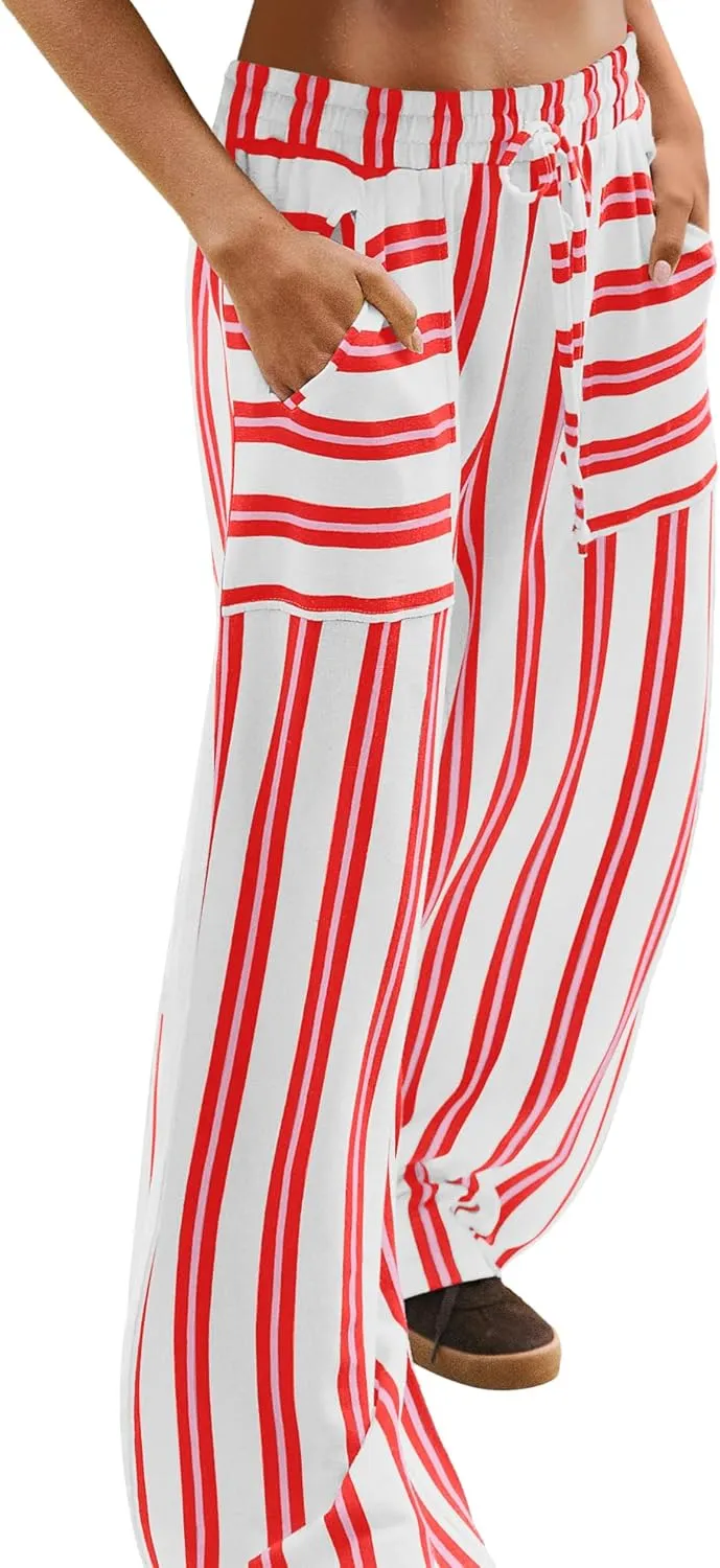 LAMISSCHE Womens Oversized Striped Wide Leg Pants High Waisted Lounge Pants Beach Trousers with Pockets