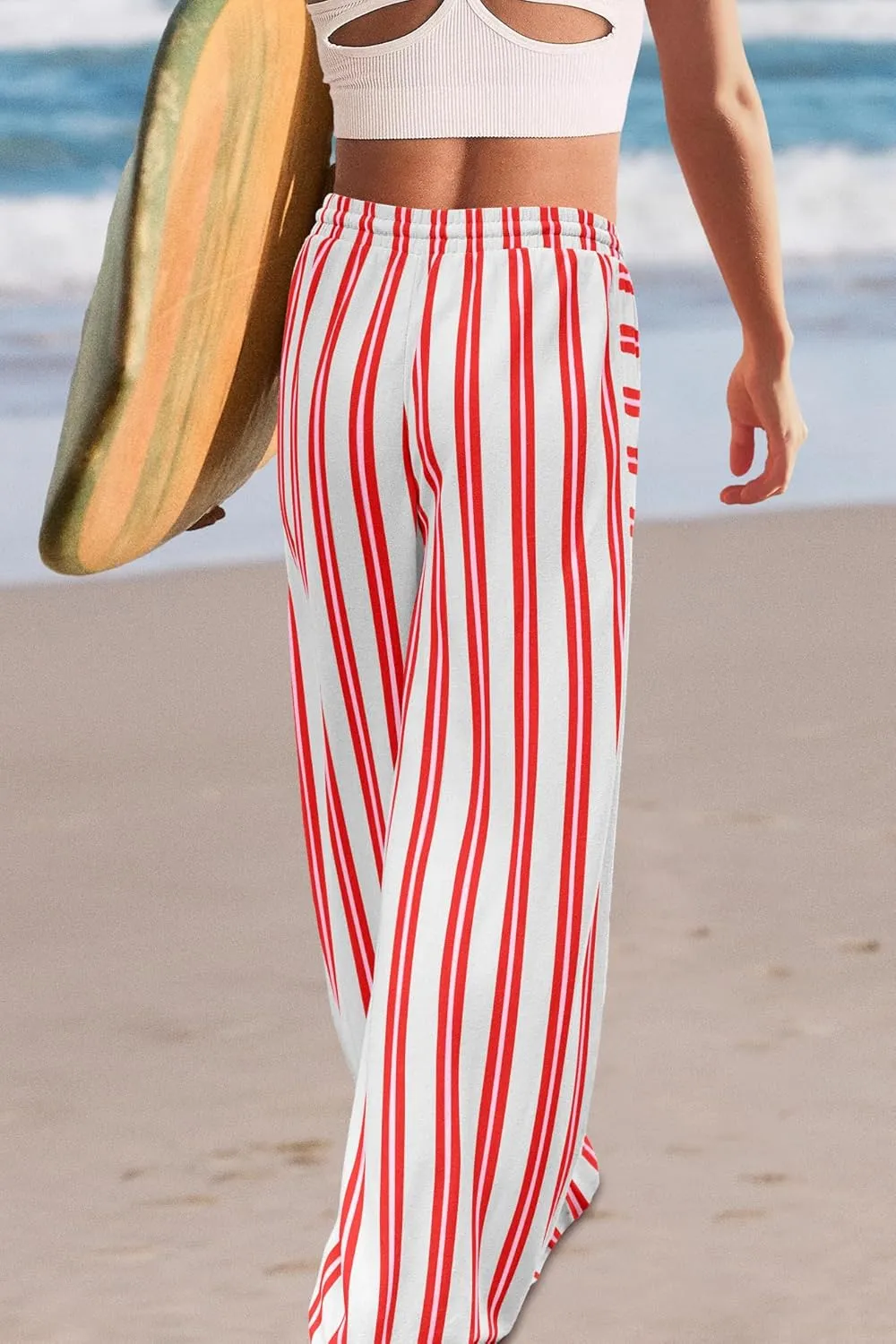 LAMISSCHE Womens Oversized Striped Wide Leg Pants High Waisted Lounge Pants Beach Trousers with Pockets