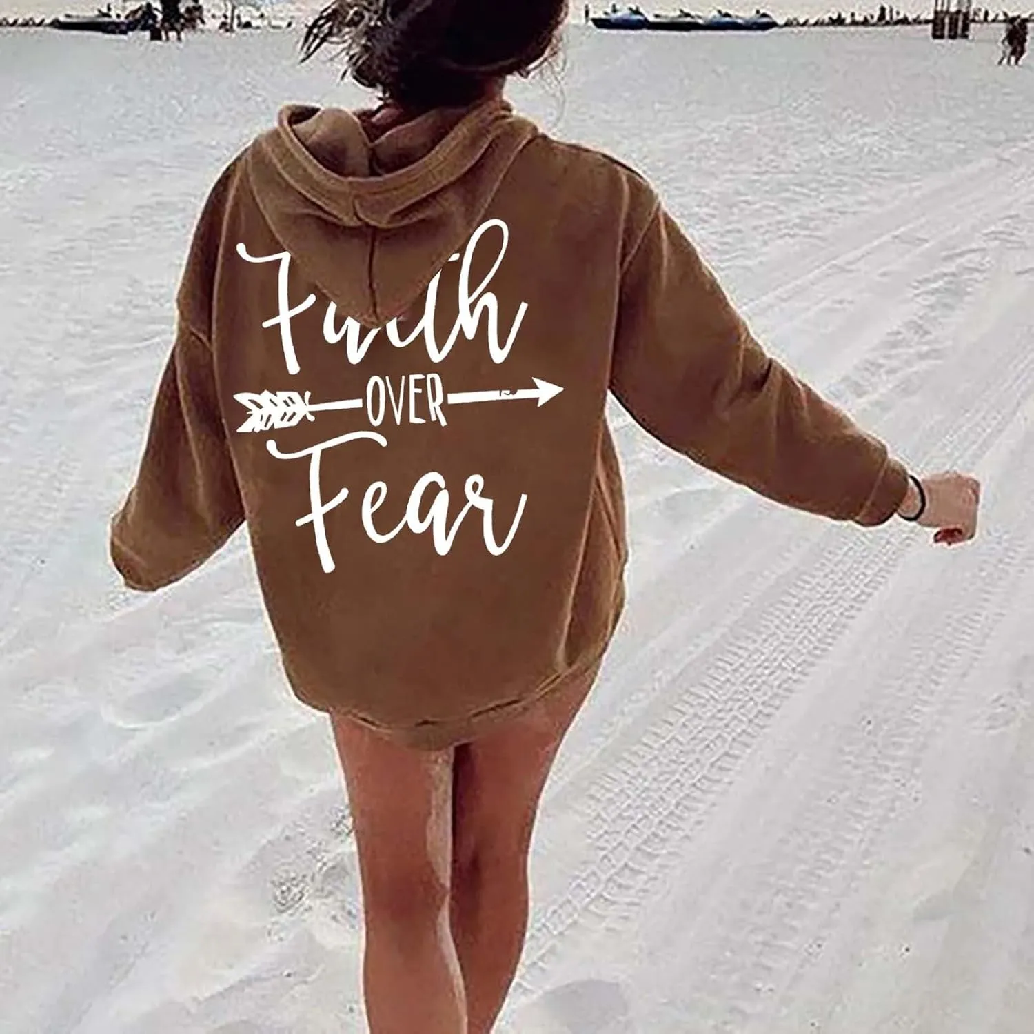 Letter Graphic Hoodie for Women Oversized Long Sleeves Sweatshirt Faith Over Fear Sweater Fall Clothes with Pocket