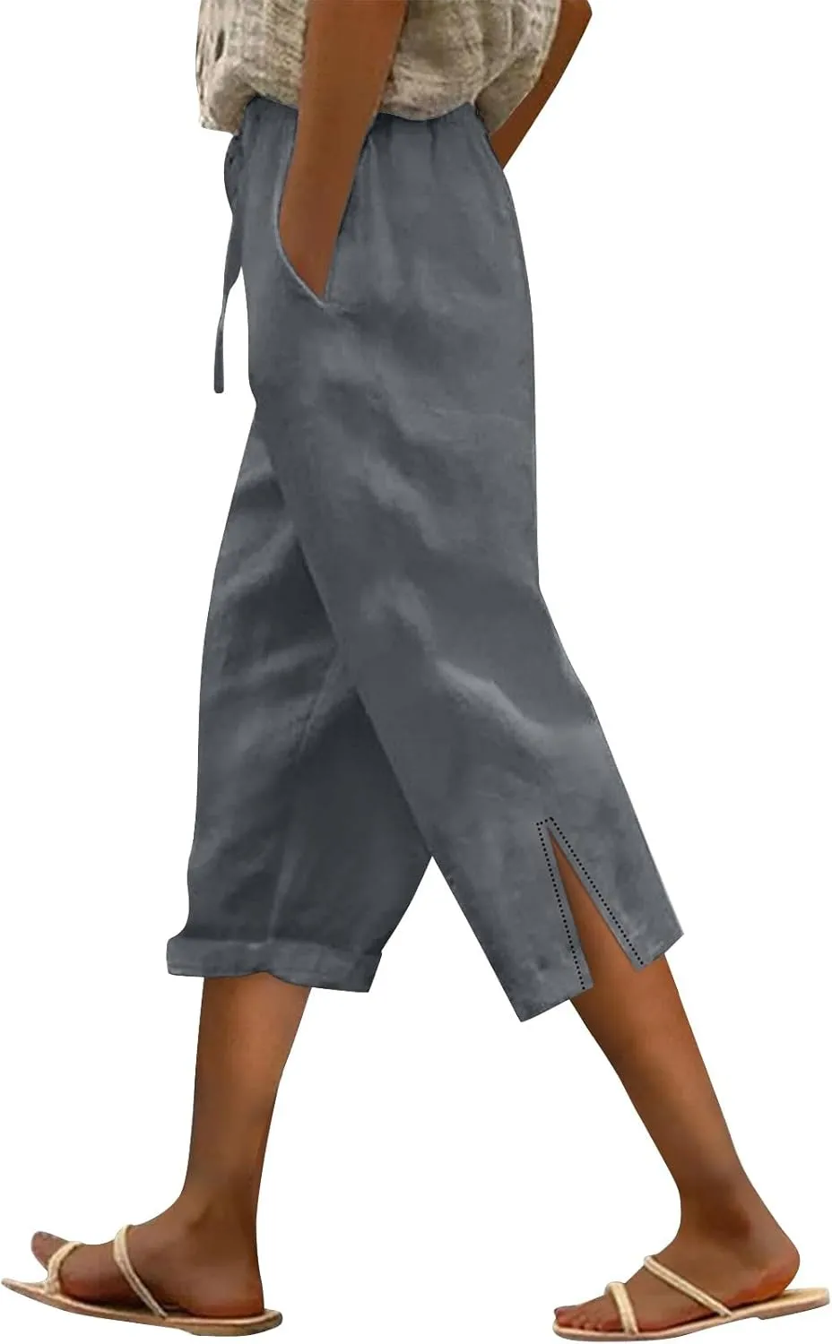 Linen Capri Pants for Women Drawstring Elastic Waist Shorts Lightweight Summer Pants Beach Capri Pants with Pockets