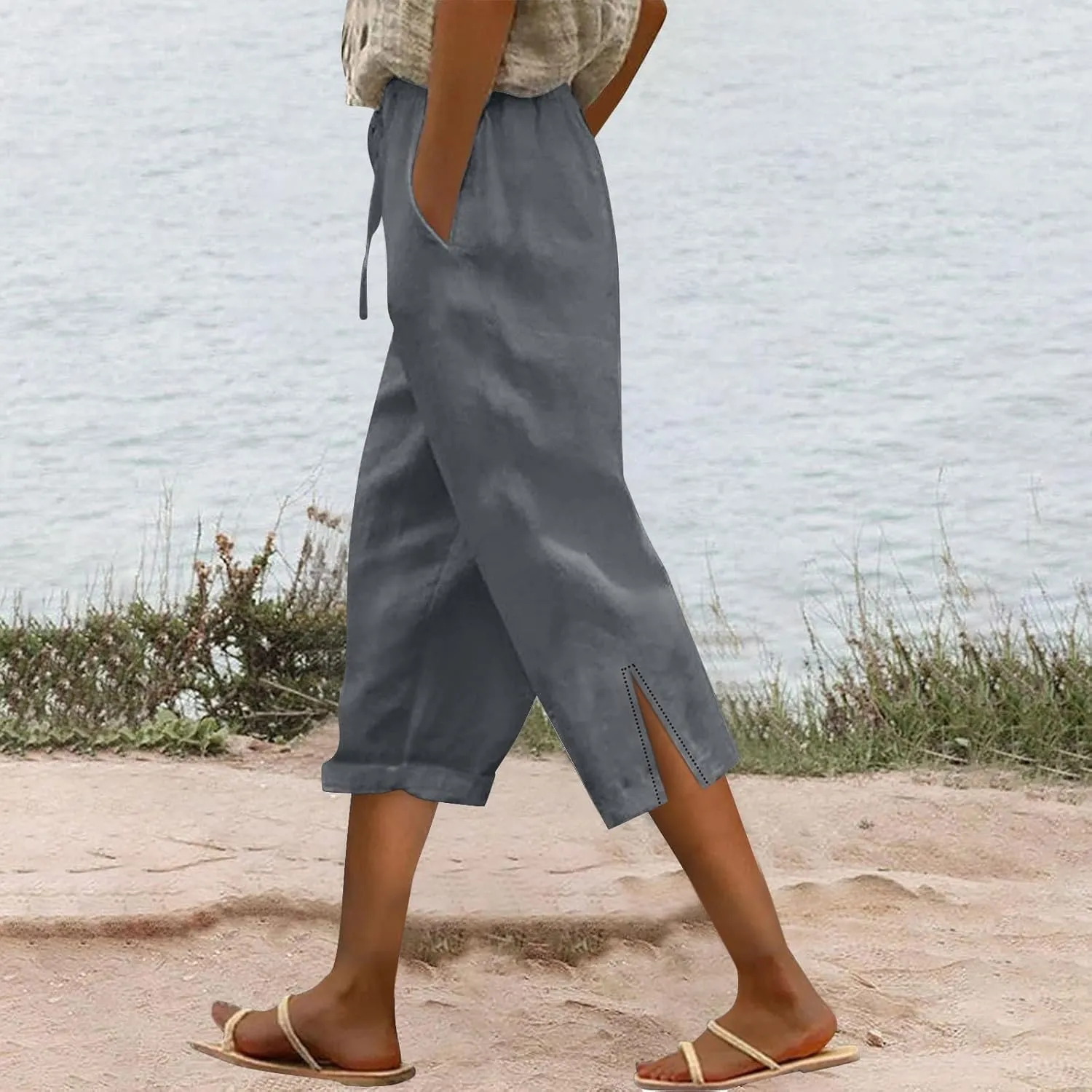 Linen Capri Pants for Women Drawstring Elastic Waist Shorts Lightweight Summer Pants Beach Capri Pants with Pockets