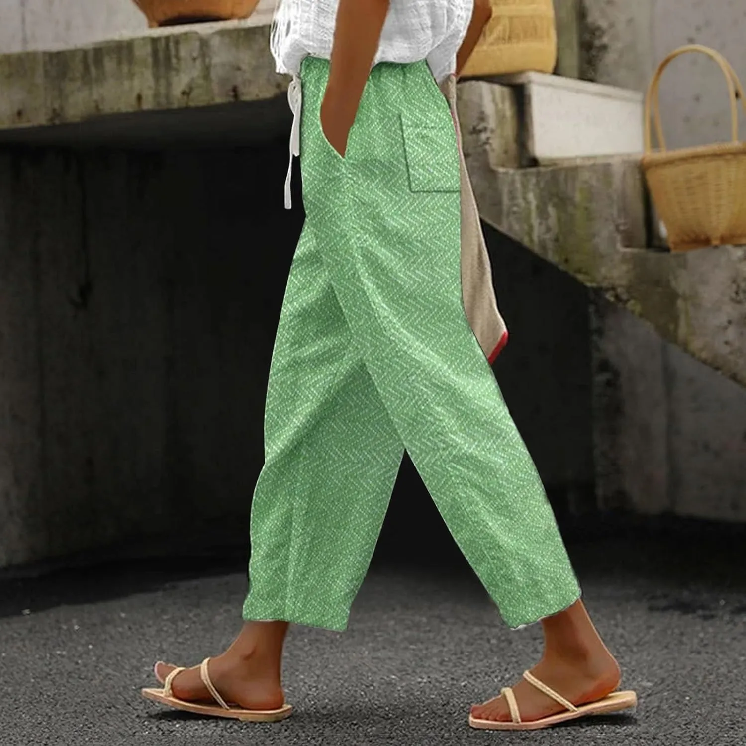 Linen Capri Pants with Drawstring Womens Casual Lightweight Elastic Waist Pants with Pockets Summer Petite Capris