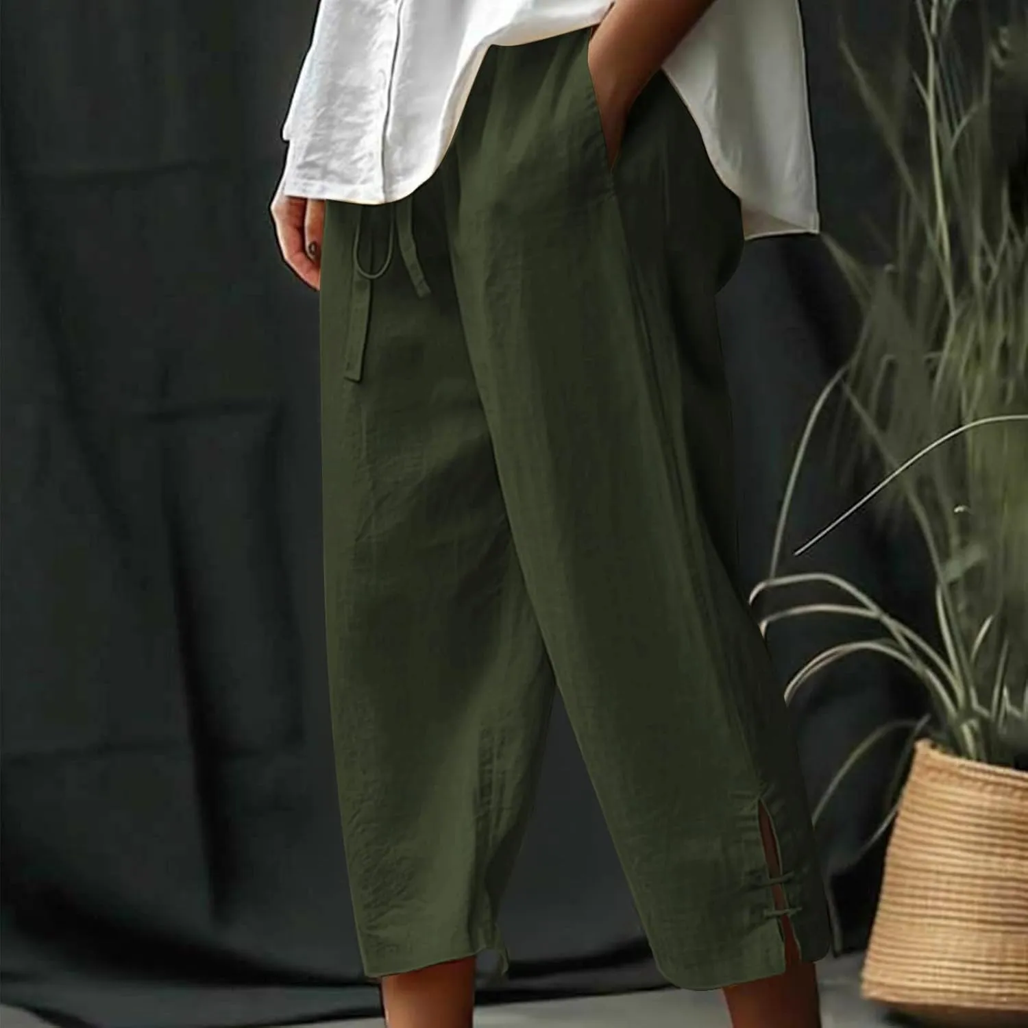 Linen Capri Pants Women Summer 2025 Drawstring High Waist Lounge Pant Wide Leg Beach Resort Wear Cropped Trousers