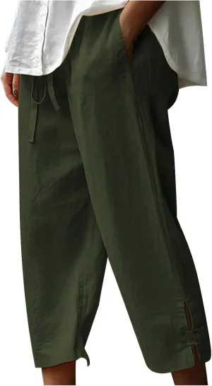 Linen Capri Pants Women Summer 2025 Drawstring High Waist Lounge Pant Wide Leg Beach Resort Wear Cropped Trousers