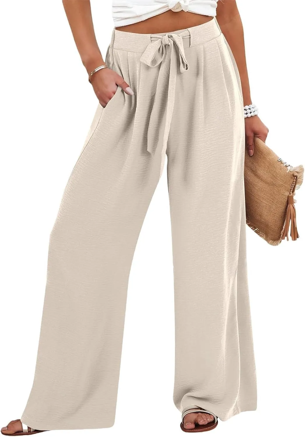 Linen Pants for Women 2025 Summer High Waisted Wide Leg Palazzo Pants Casual Loose Flowy Beach Trousers with Pockets