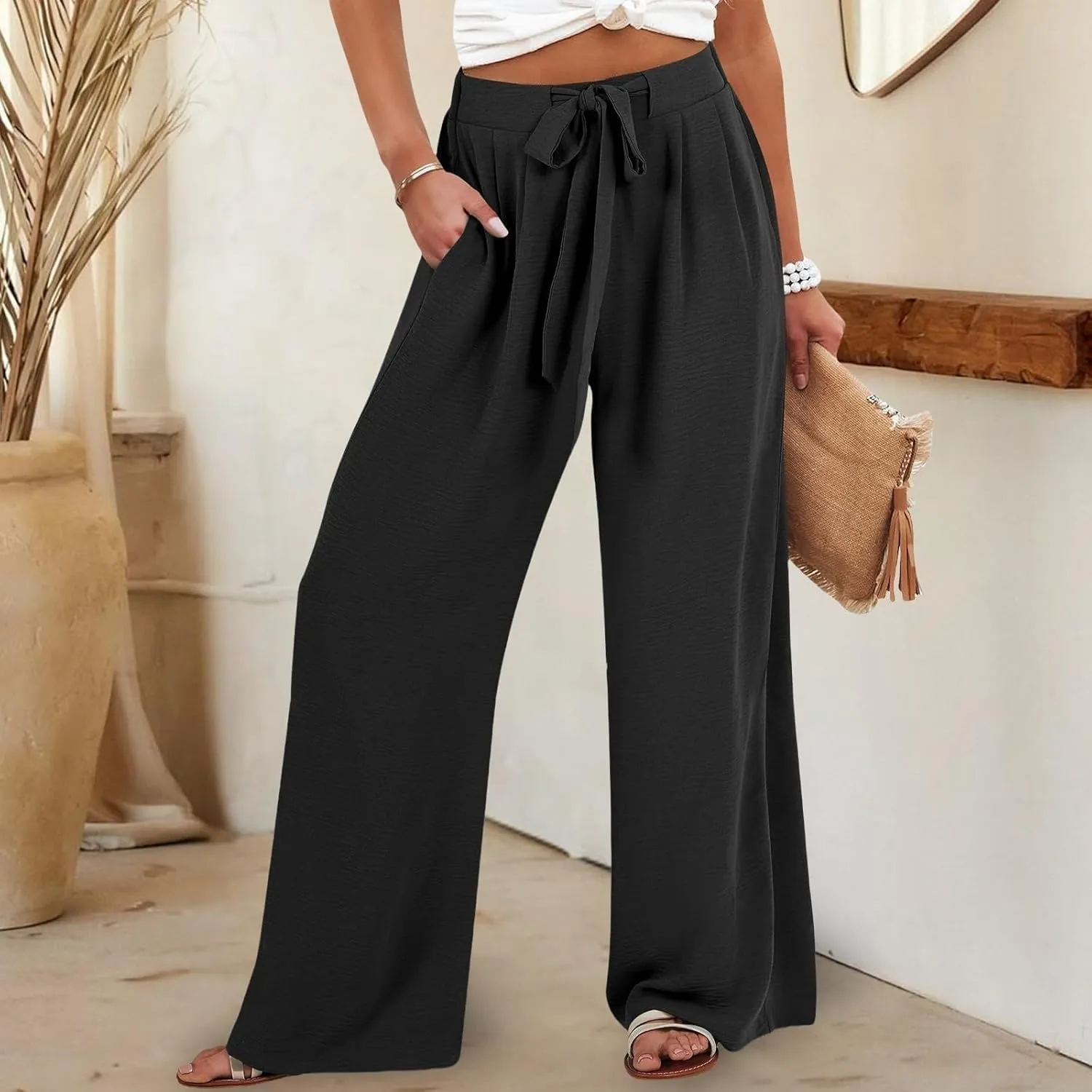 Linen Pants for Women 2025 Summer High Waisted Wide Leg Palazzo with Pockets Casual Loose Fit Flowy Beach Trousers