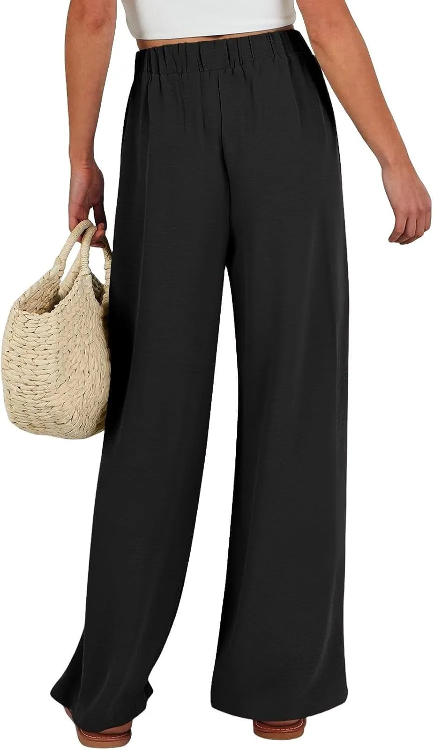 Linen Pants for Women 2025 Summer High Waisted Wide Leg Palazzo with Pockets Casual Loose Fit Flowy Beach Trousers