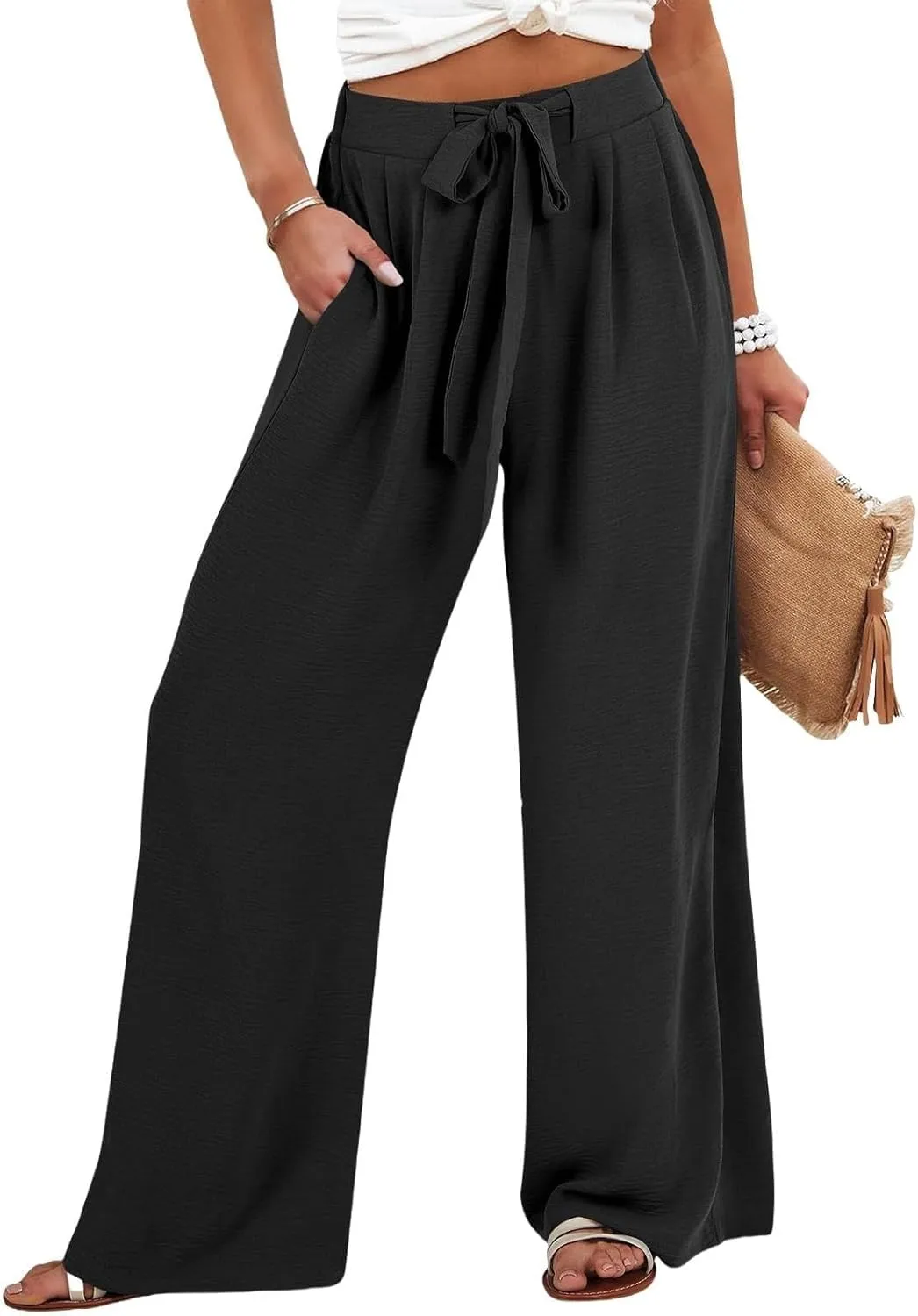 Linen Pants for Women 2025 Summer High Waisted Wide Leg Palazzo with Pockets Casual Loose Fit Flowy Beach Trousers