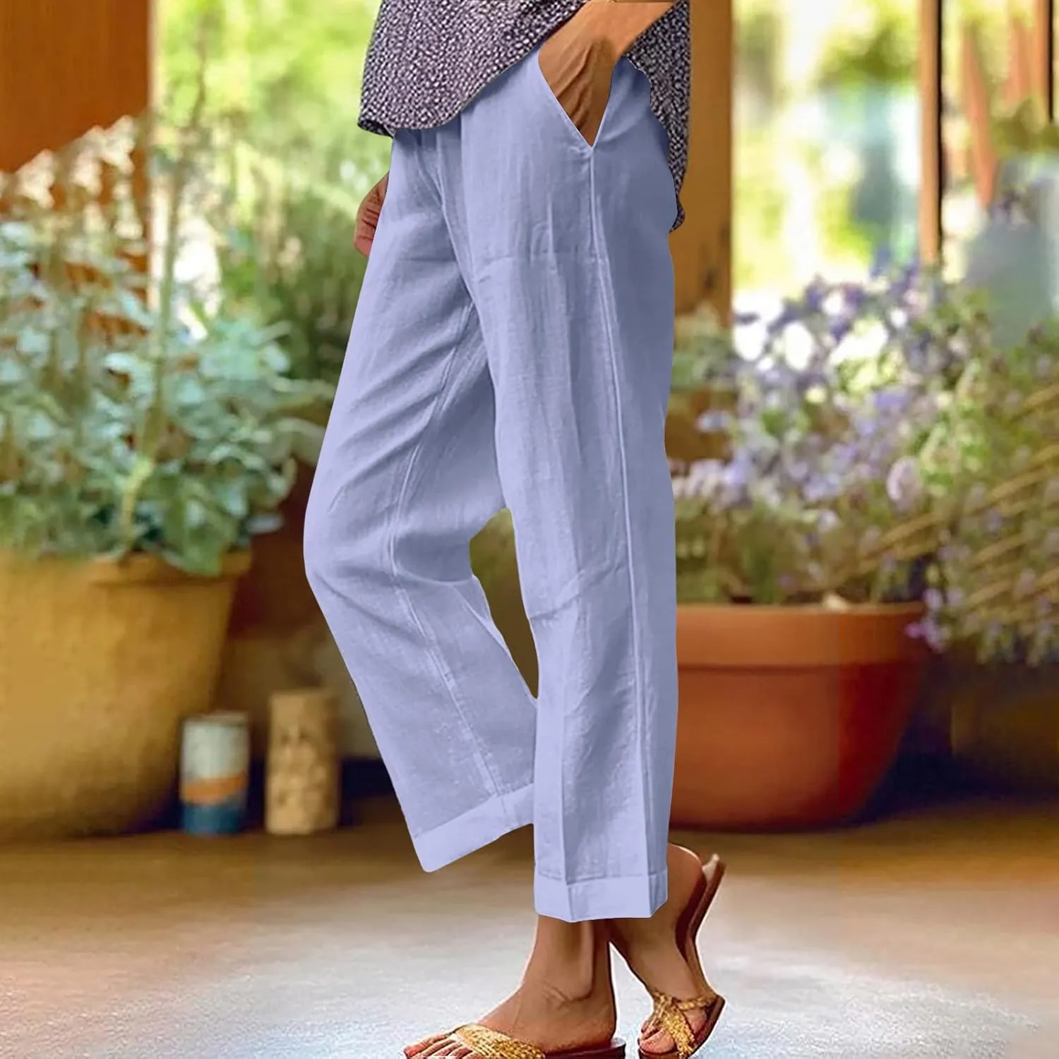 Linen Pants for Women Summer Beach Casual Wide Leg Pants Loose Fit High Waisted Long Trousers with Pockets 2025
