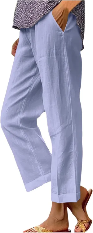 Linen Pants for Women Summer Beach Casual Wide Leg Pants Loose Fit High Waisted Long Trousers with Pockets 2025