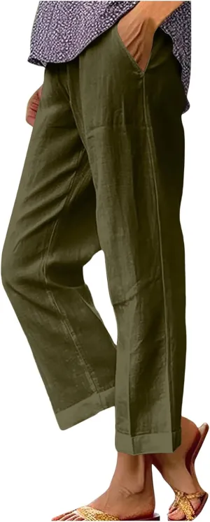 Linen Pants for Women Summer Beach Casual Wide Leg Pants Loose Fit High Waisted Long Trousers with Pockets 2025
