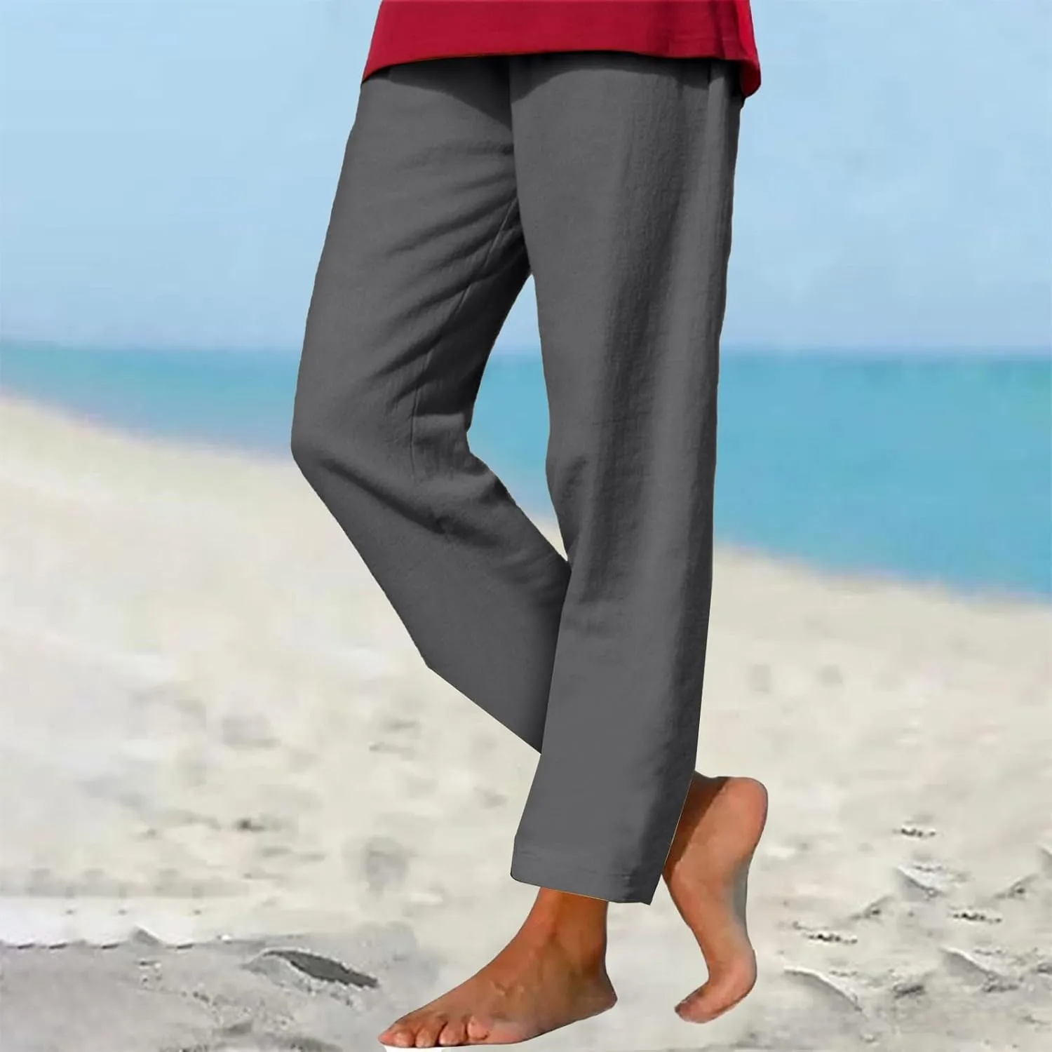 Linen Pants for Women Summer Lightweight Drawstring Waisted Casual Trousers Wide Leg Beach Lounge Pants with Pockets
