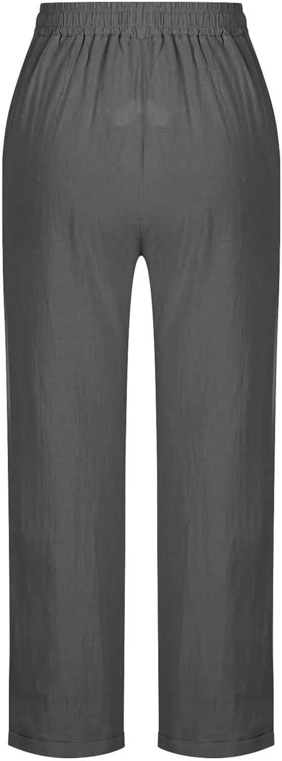 Linen Pants for Women Summer Lightweight Drawstring Waisted Casual Trousers Wide Leg Beach Lounge Pants with Pockets