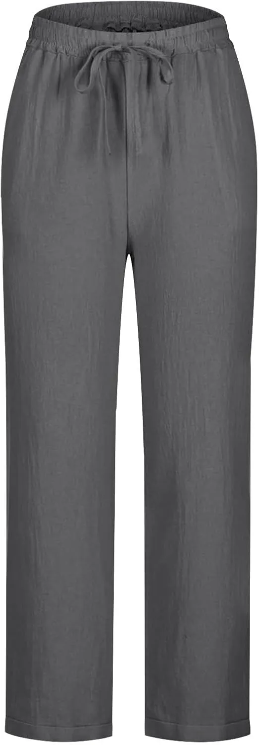 Linen Pants for Women Summer Lightweight Drawstring Waisted Casual Trousers Wide Leg Beach Lounge Pants with Pockets