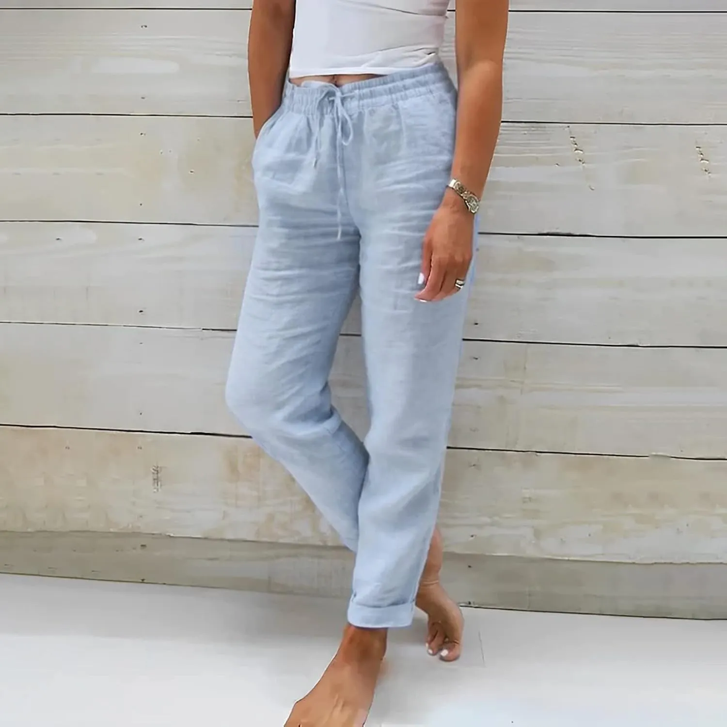 Linen Pants for Women Summer Lightweight High Waist Baggy Pants Loose Fit Comfy Straight Leg Trouser with Pockets