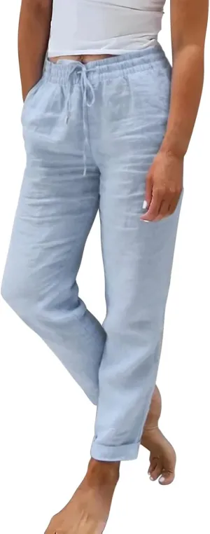 Linen Pants for Women Summer Lightweight High Waist Baggy Pants Loose Fit Comfy Straight Leg Trouser with Pockets