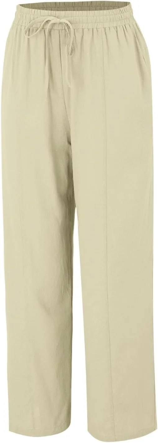 Linen Pants Women 2025 Summer Beach Lounge Palazzo Trousers Loose Elastic Plus Size Drawstring with Pockets Pants
